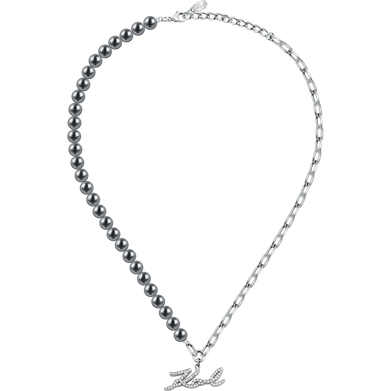 Karl Lagerfeld Halsschmuck aus Edelstahl mit Perlen und Zirkonia-Schriftzug.