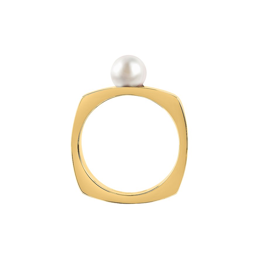 Karl Lagerfeld Ring aus goldfarbenem Edelstahl mit einer Perle im quadratischen Design.