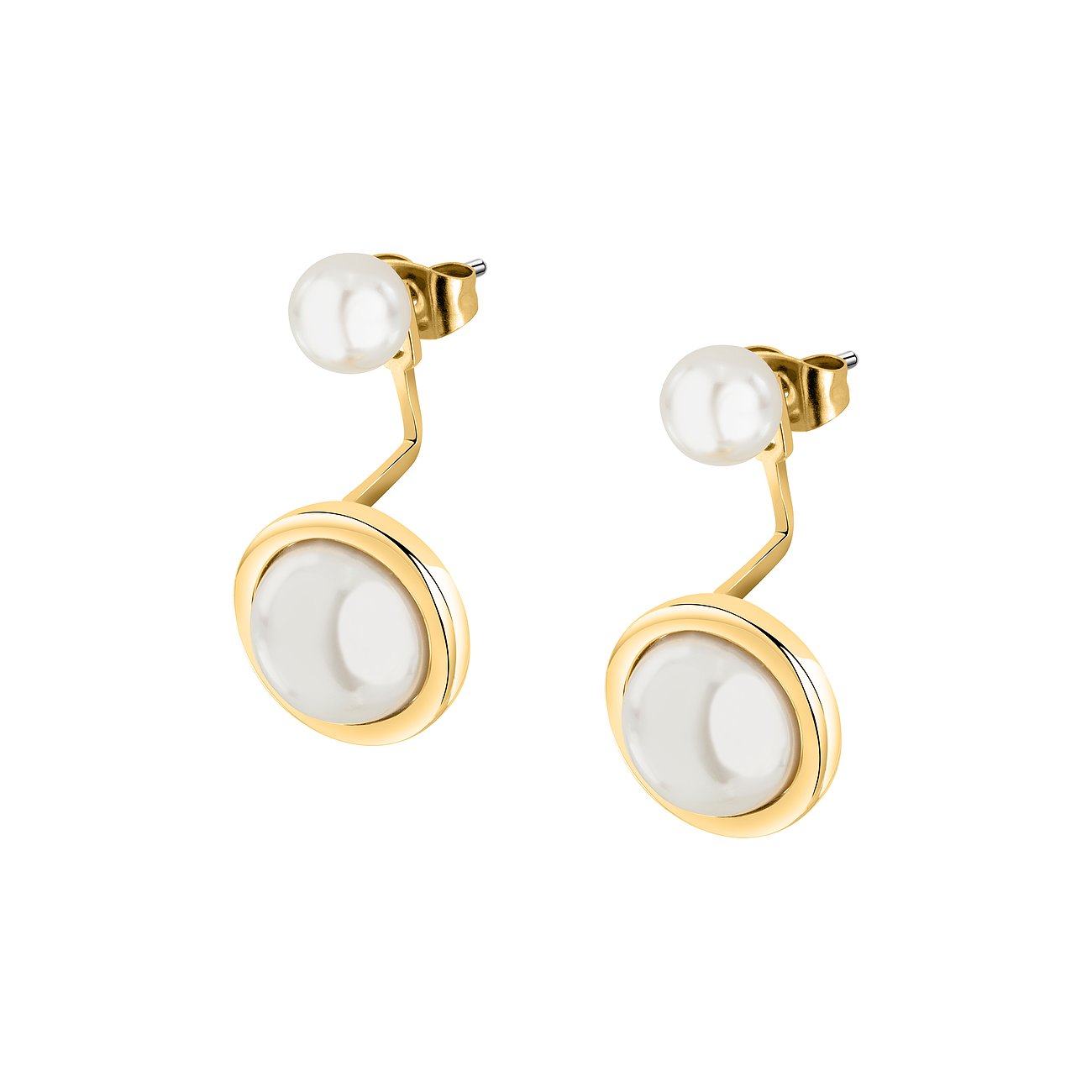 Karl Lagerfeld Ohrringe aus Edelstahl mit Perlen und goldfarbenem Gehäuse.