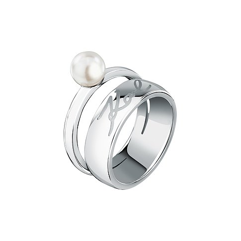 Karl Lagerfeld Ring aus Edelstahl und Perle mit Love-Schriftzug, vorne von oben betrachtet.