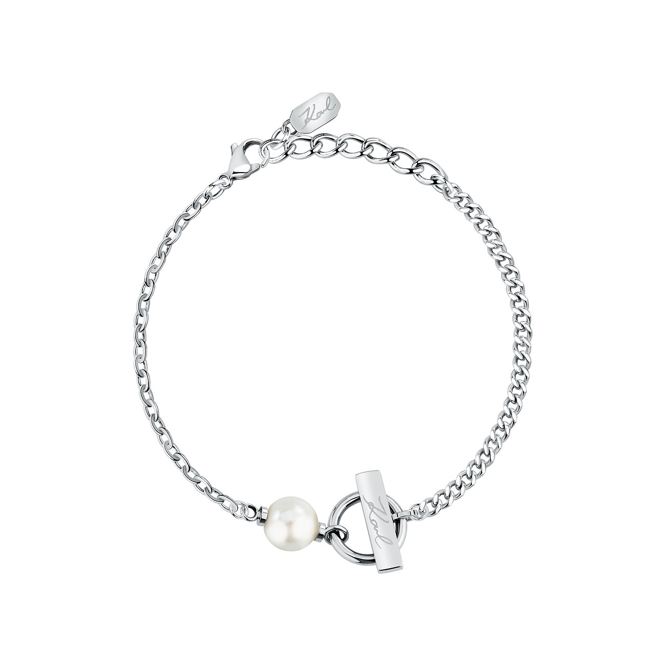 Karl Lagerfeld Armband aus Edelstahl mit Perle und Toggle-Verschluss.