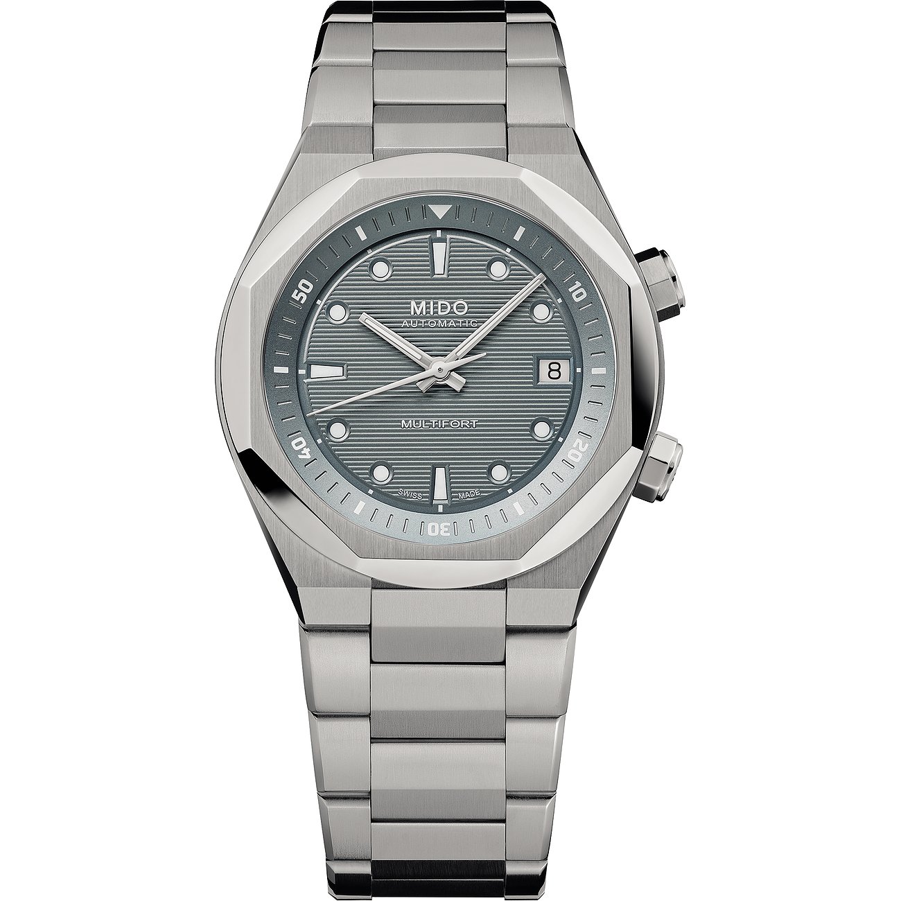 Mido Herrenuhr mit Edelstahlgehäuse, analog, mit Datum und silberfarbenem Zifferblatt.