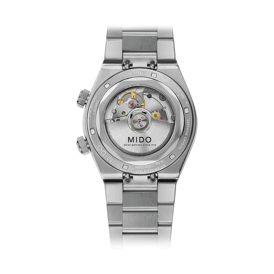 Mido Herrenuhr aus Edelstahl mit sichtbarem Automatikwerk und Saphirglas.