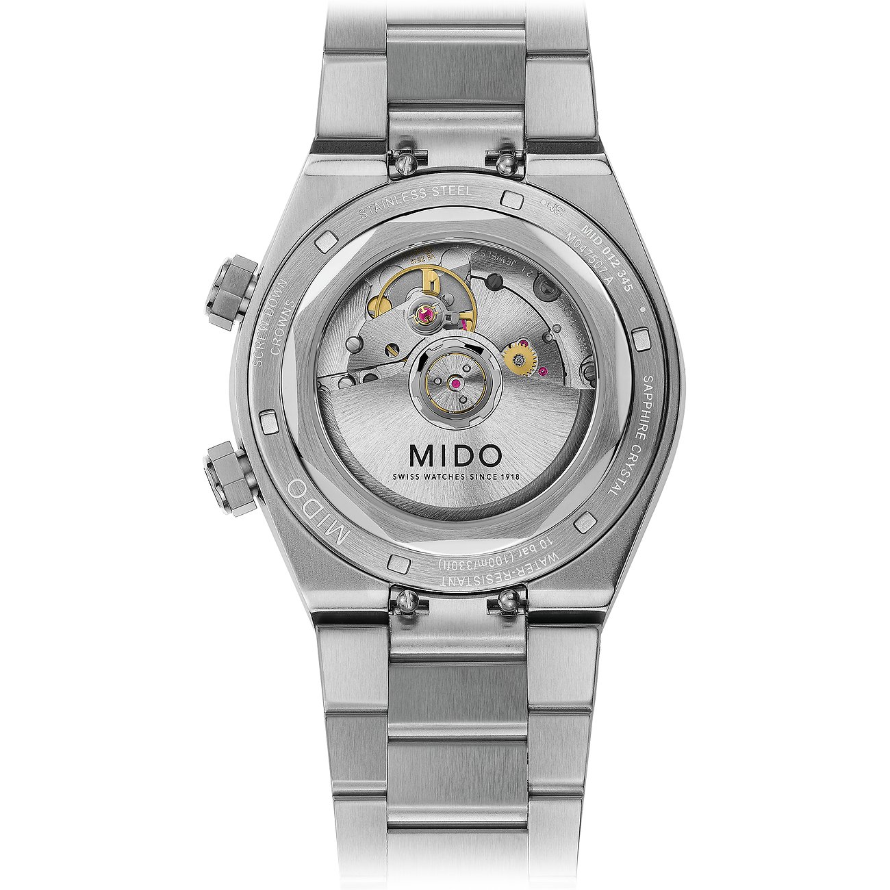 Mido Herrenuhr aus Edelstahl mit sichtbarem Automatikwerk und Saphirglas.