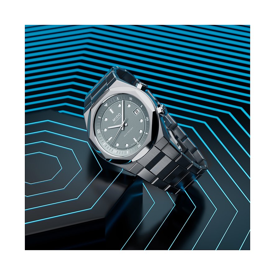 Mido Herrenuhr mit Edelstahlgehäuse und grauem Zifferblatt, analog.