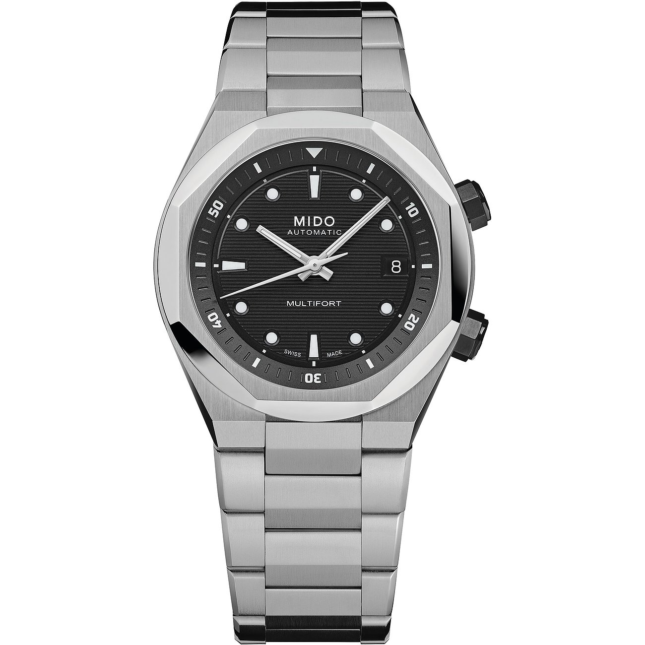 Mido Herrenuhr mit Edelstahlgehäuse, schwarzem Zifferblatt und analoger Anzeige.