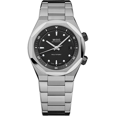 Mido Herrenuhr mit Edelstahlgehäuse, schwarzem Zifferblatt und analoger Anzeige.