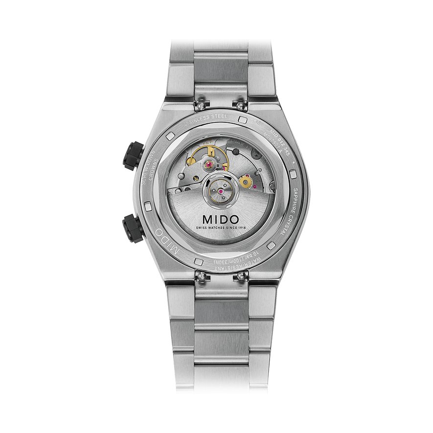 Mido Herrenuhr mit Edelstahlgehäuse und Sichtboden.