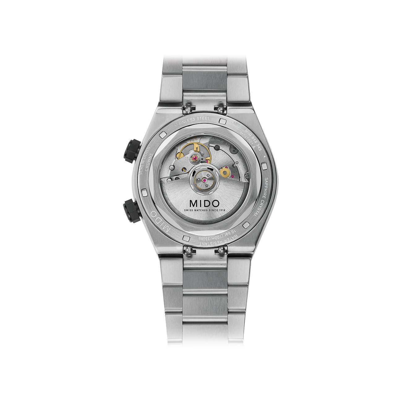 Mido Herrenuhr mit Edelstahlgehäuse und Sichtboden.