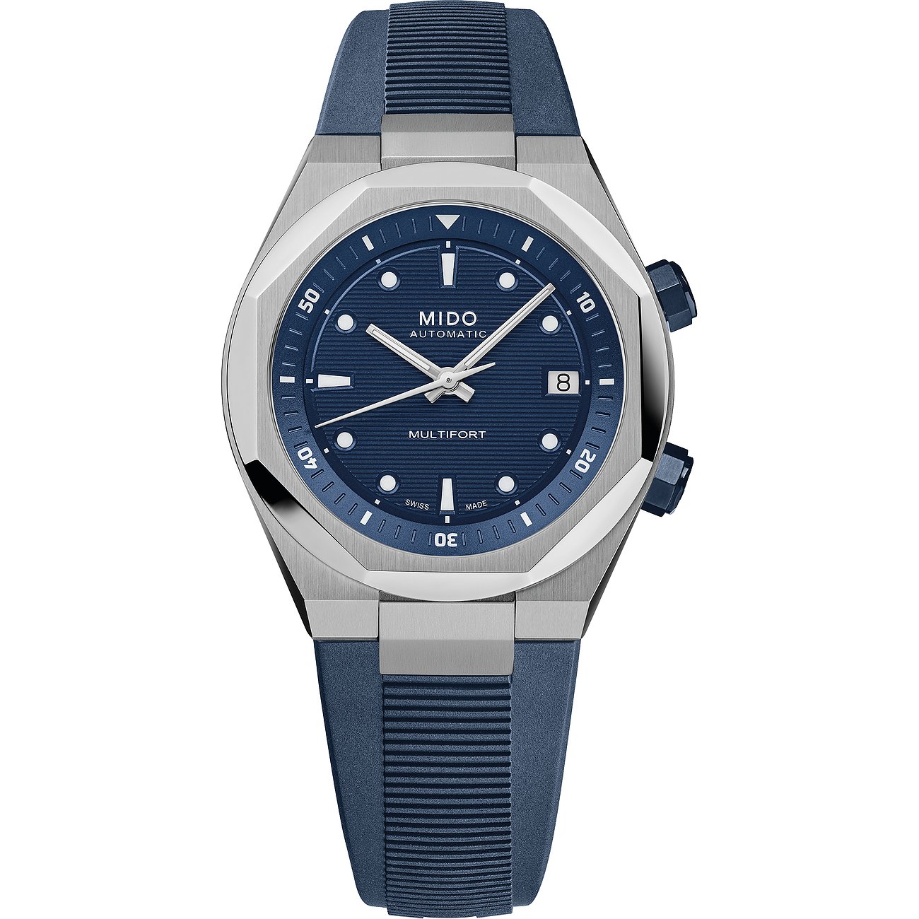 Mido Herrenuhr mit Edelstahlgehäuse, blaues Zifferblatt, analog.