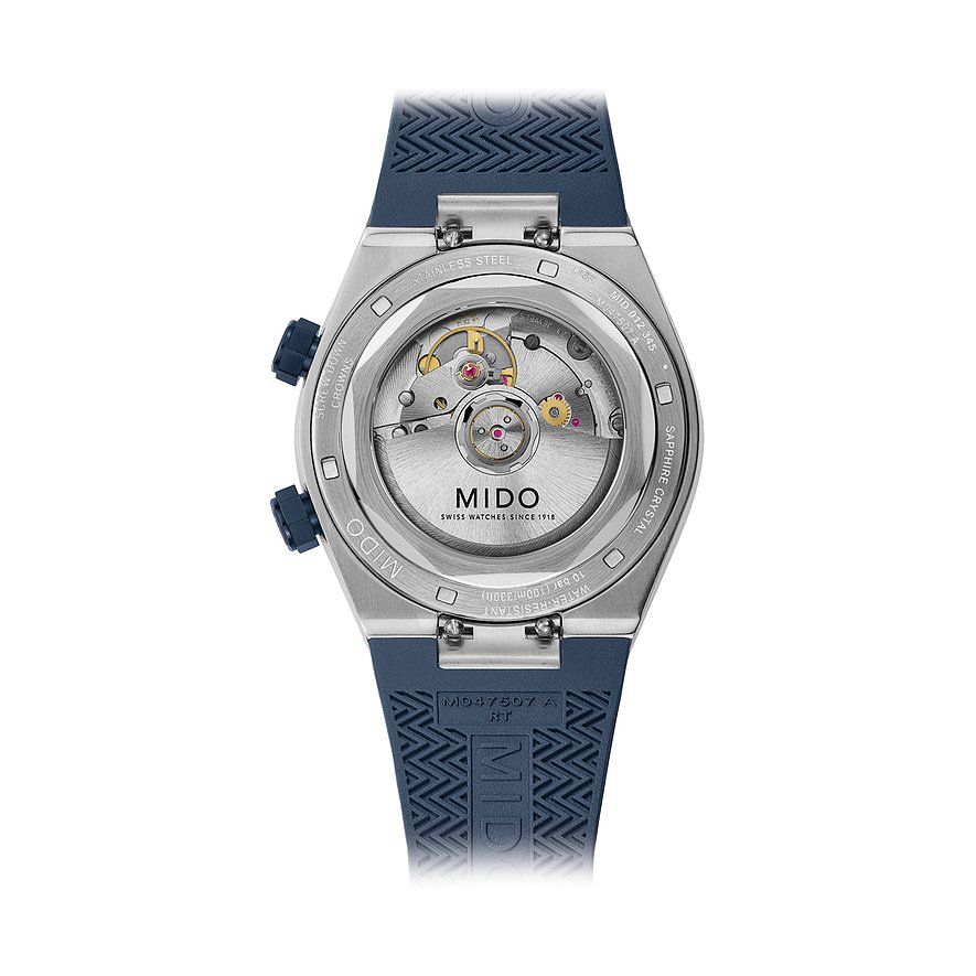 Mido Herrenuhr mit Edelstahlgehäuse und blauem Armband.