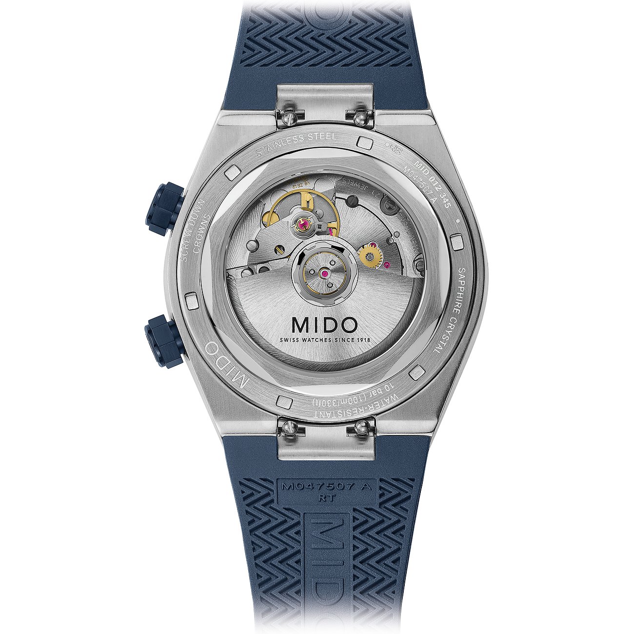 Mido Herrenuhr mit Edelstahlgehäuse und blauem Armband.