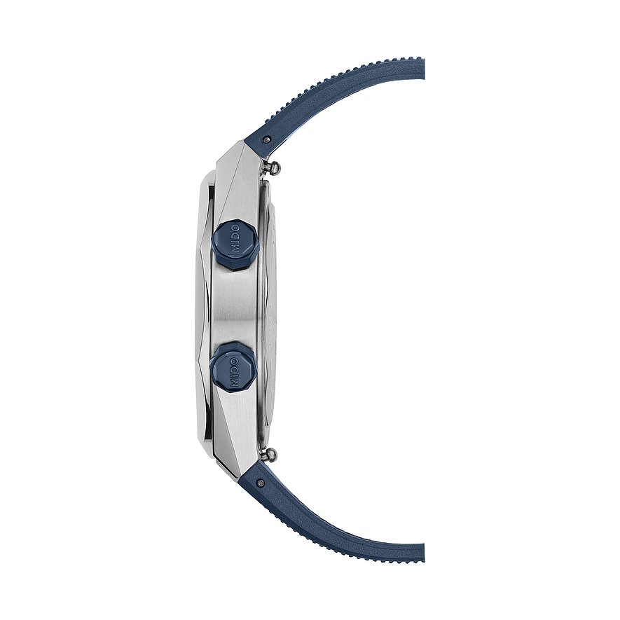Mido Herrenuhr mit Edelstahlgehäuse und blauem Armband.