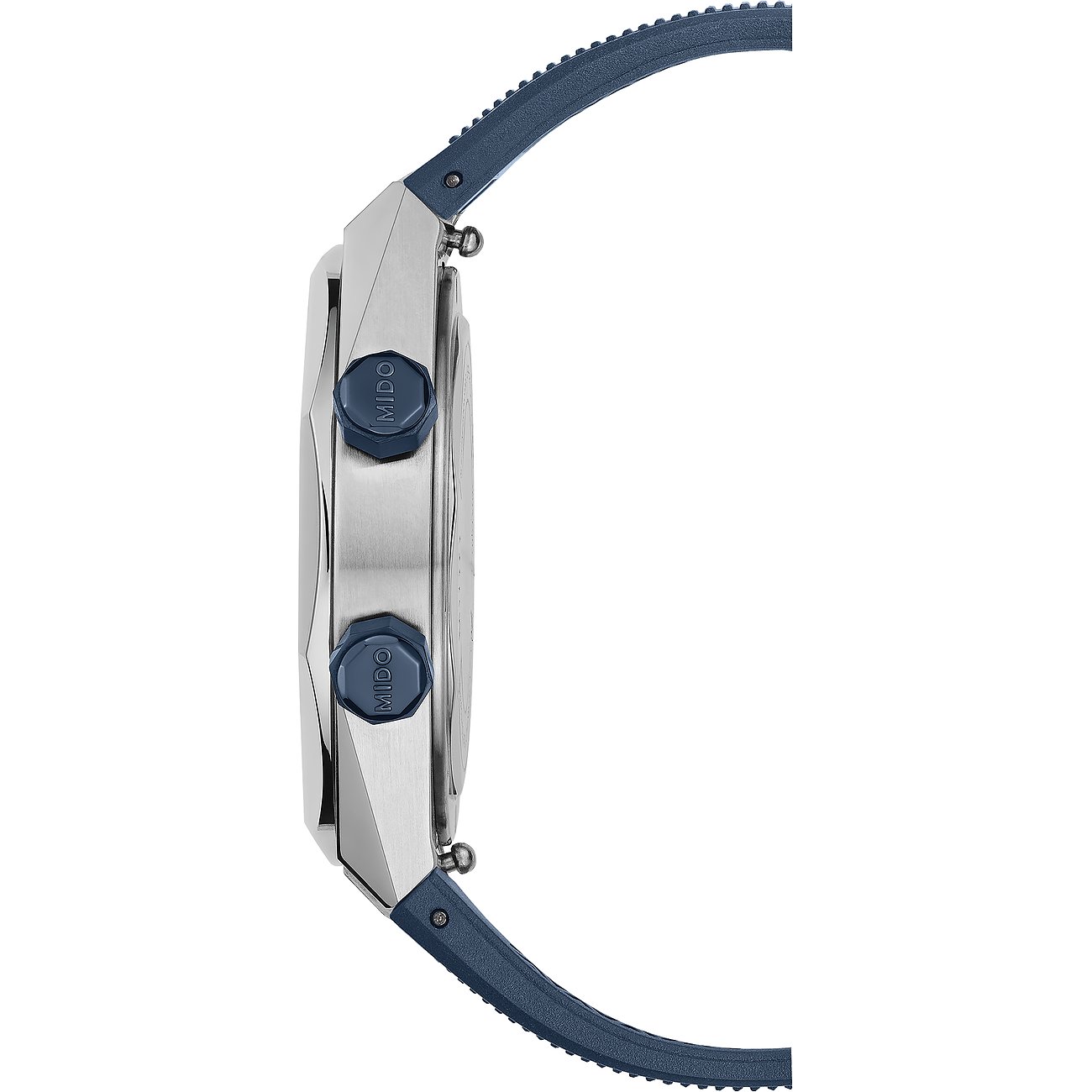 Mido Herrenuhr mit Edelstahlgehäuse und blauem Armband.