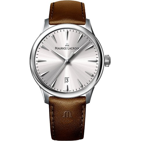 Maurice Lacroix Unisexuhr mit Edelstahlgehäuse, silberfarbenem Zifferblatt und braunem Lederarmband.