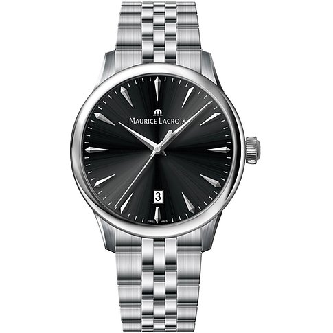 Maurice Lacroix Unisexuhr mit Edelstahlgehäuse, schwarzem Zifferblatt und Datum.