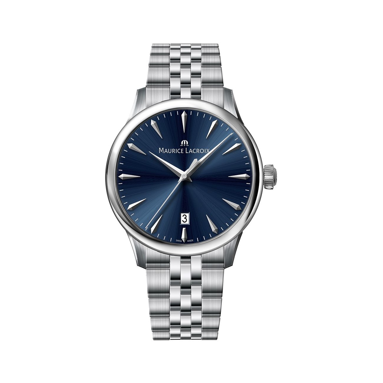 Maurice Lacroix Herrenuhr mit Edelstahlgehäuse, blauem Zifferblatt und Datumsanzeige.