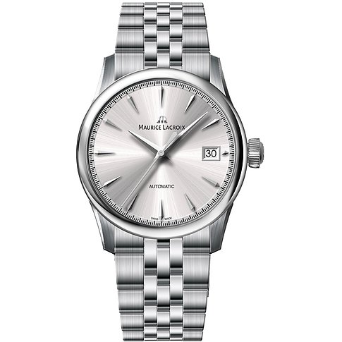 Maurice Lacroix Damenuhr mit Edelstahlgehäuse, silberfarbenes Zifferblatt, analog.