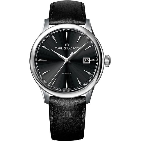 Maurice Lacroix Herrenuhr mit Edelstahlgehäuse, schwarzem Zifferblatt und Datumsanzeige.