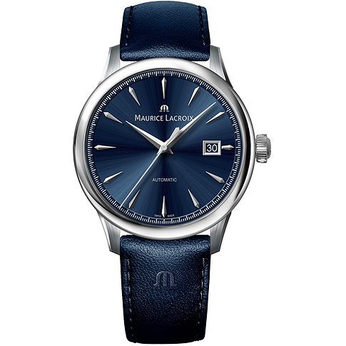 Maurice Lacroix Herrenuhr mit Edelstahlgehäuse, blauem Zifferblatt und Datumsanzeige.