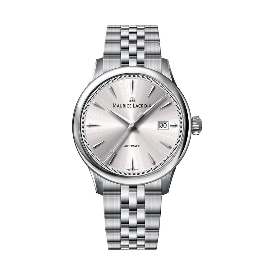 Maurice Lacroix Herrenuhr aus Edelstahl mit analoger Anzeige und Datumsfenster.
