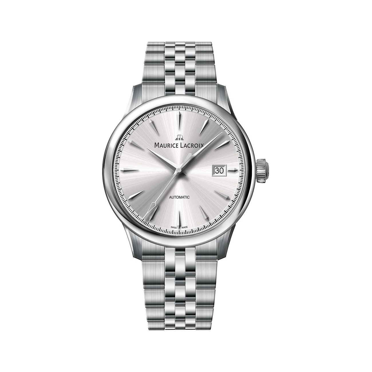 Maurice Lacroix Herrenuhr aus Edelstahl mit analoger Anzeige und Datumsfenster.