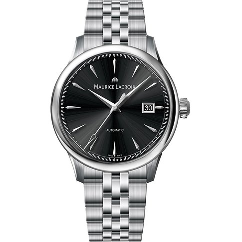 Maurice Lacroix Herrenuhr mit Edelstahlgehäuse, schwarzem Zifferblatt und Band.