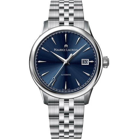 Maurice Lacroix Herrenuhr mit Edelstahlgehäuse, blauem Zifferblatt und Automatikwerk.