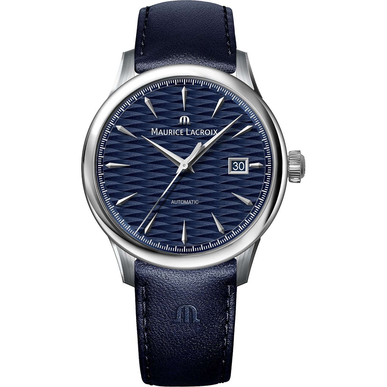 Maurice Lacroix Herrenuhr aus Edelstahl mit blauem Zifferblatt und marineblauem Lederarmband, auf weißem Hintergrund.