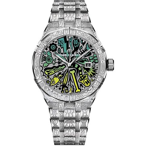 Maurice Lacroix Herrenuhr mit Edelstahlgehäuse und buntem Zifferblatt.