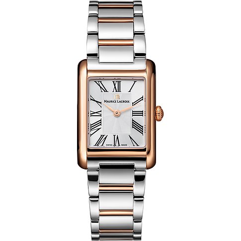 Maurice Lacroix Damenuhr mit Edelstahlgehäuse, bicolor, analog mit römischen Ziffern.