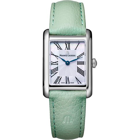 Maurice Lacroix Damenuhr mit Edelstahlgehäuse, weißem Zifferblatt und mintgrünem Armband.