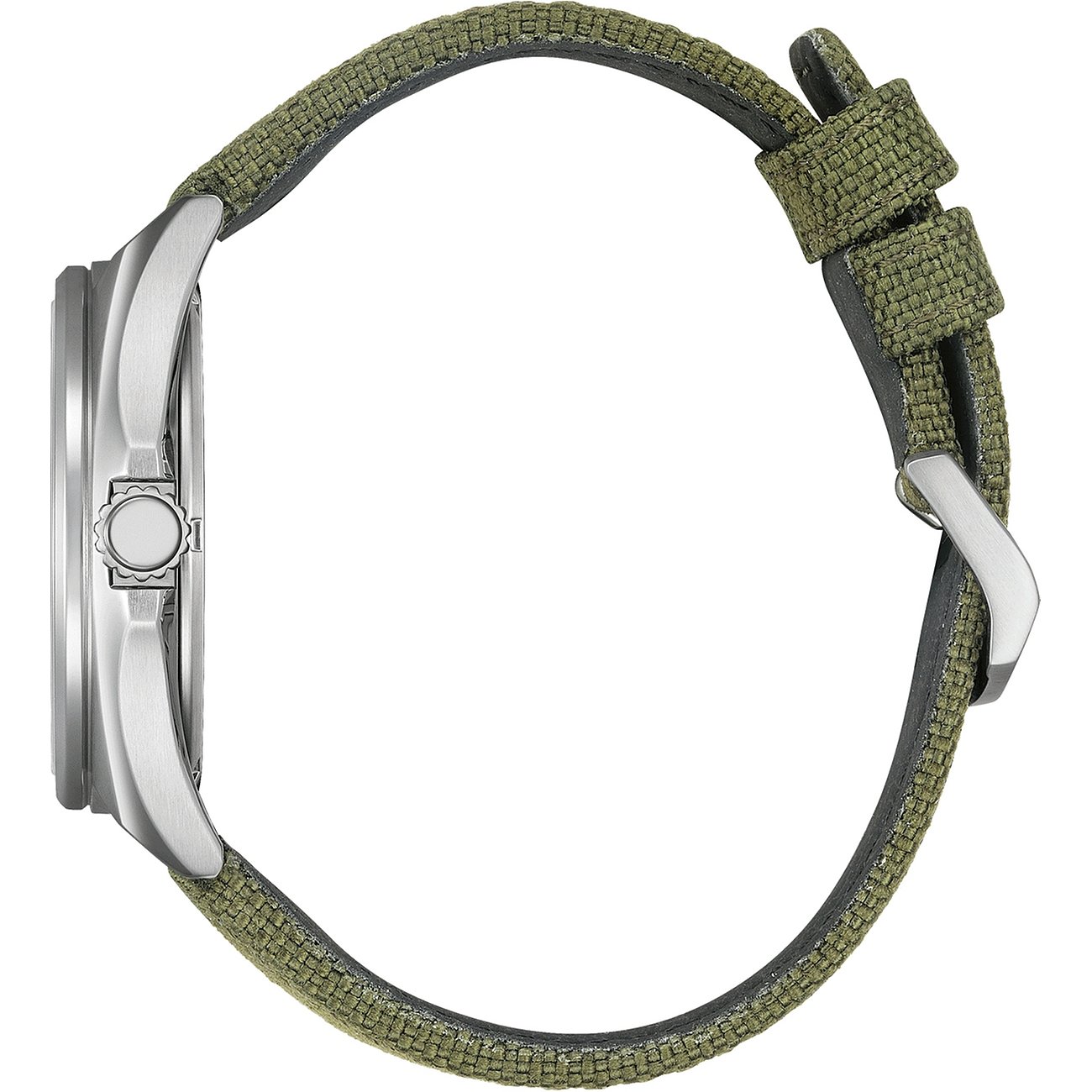 Citizen Herrenuhr mit Edelstahlgehäuse und grünem Textilarmband.