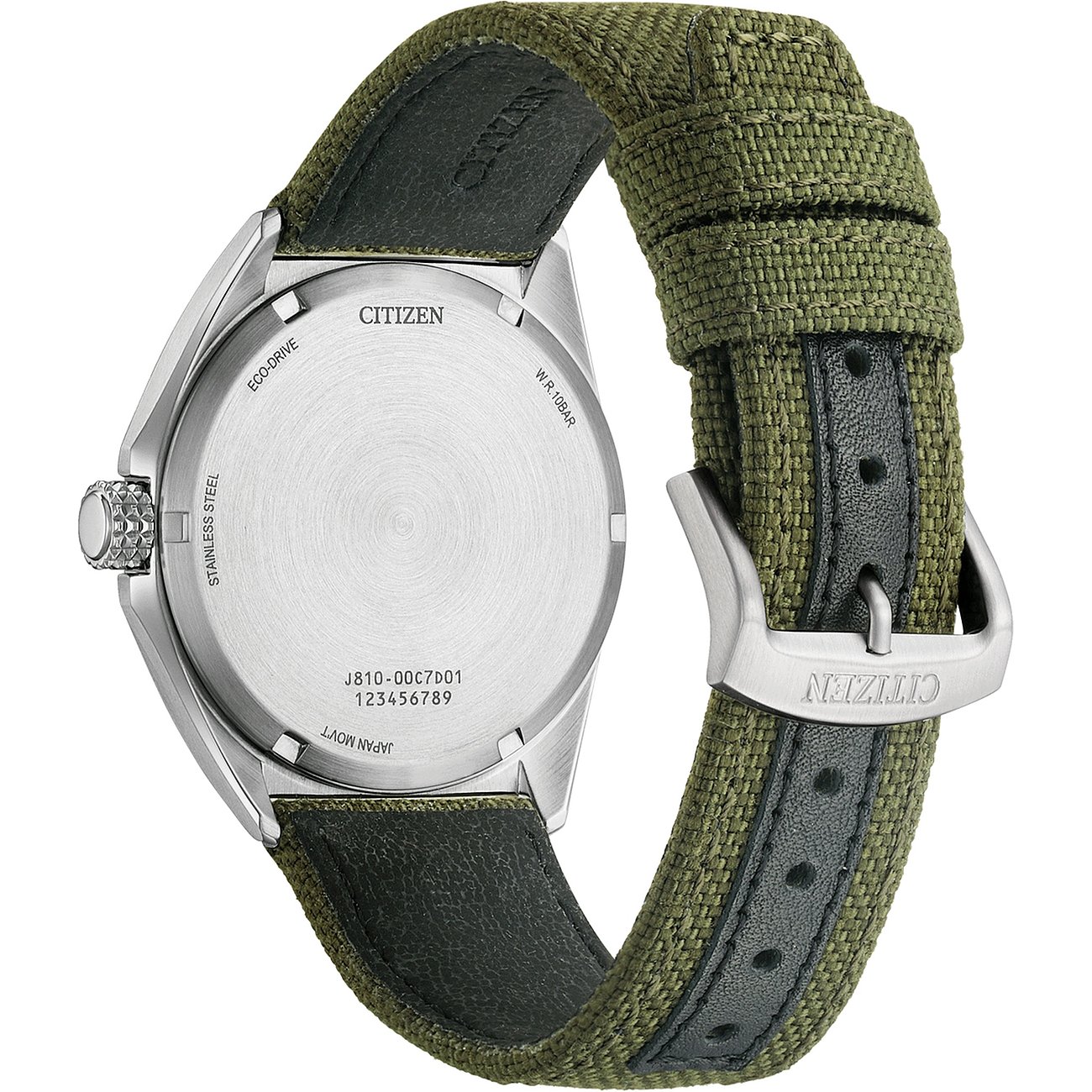 Citizen Herrenuhr mit Edelstahlgehäuse und grünem Textilarmband.