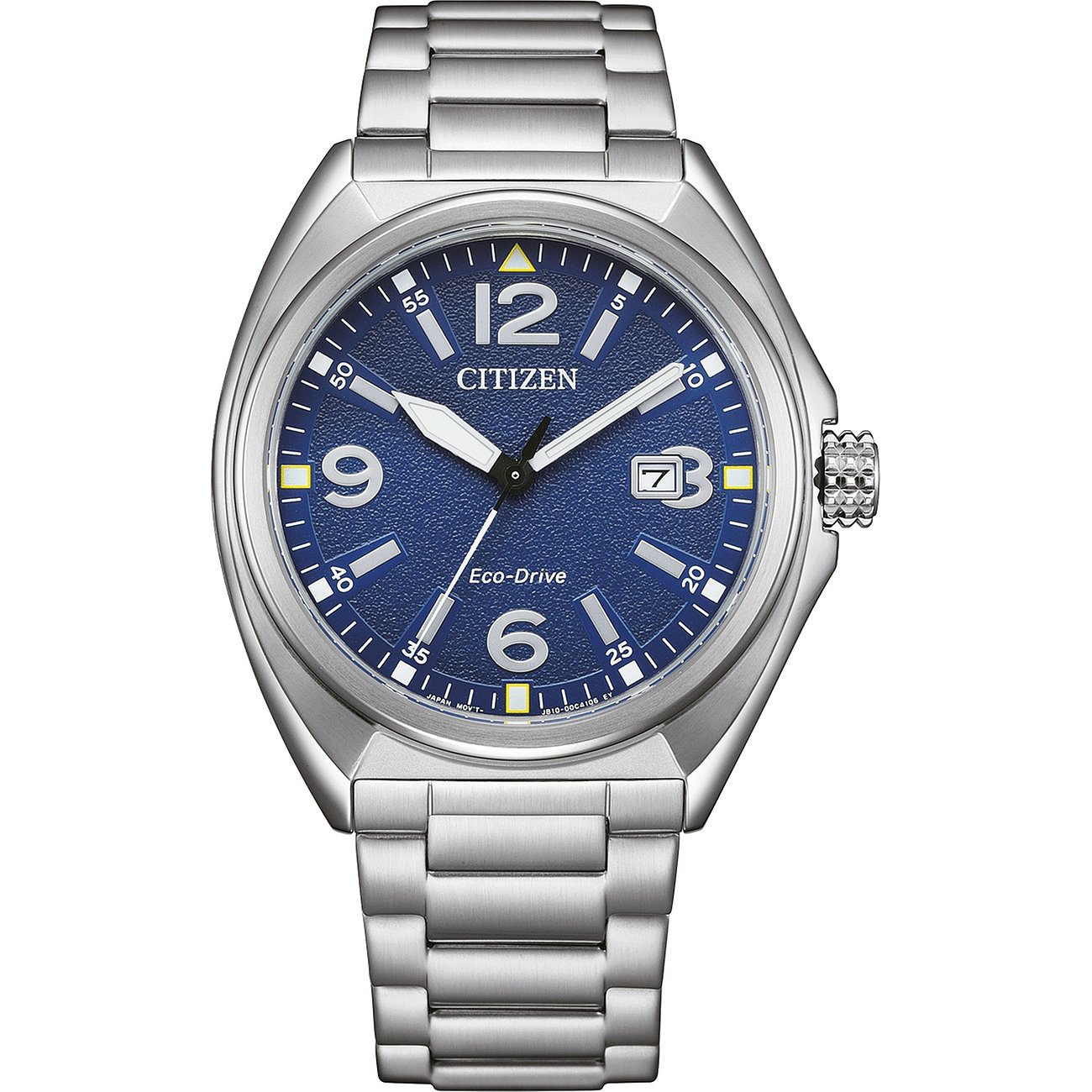 Citizen Herrenuhr mit Edelstahlgehäuse, blauem Zifferblatt und analoger Anzeige.
