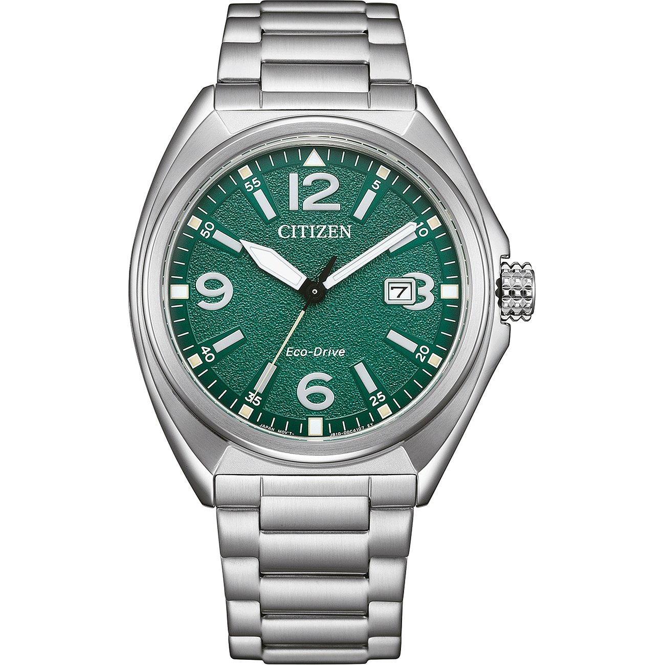 Citizen herenhorloge met roestvrijstalen kast, groene wijzerplaat en datumaanduiding.
