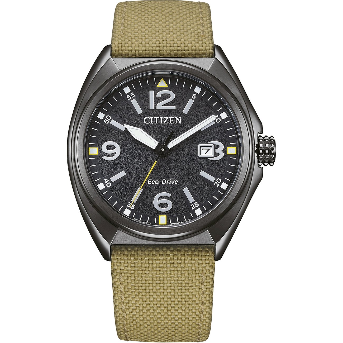 Citizen herenhorloge met roestvrijstalen kast, analoog, met datumaanduiding en stoffen band.