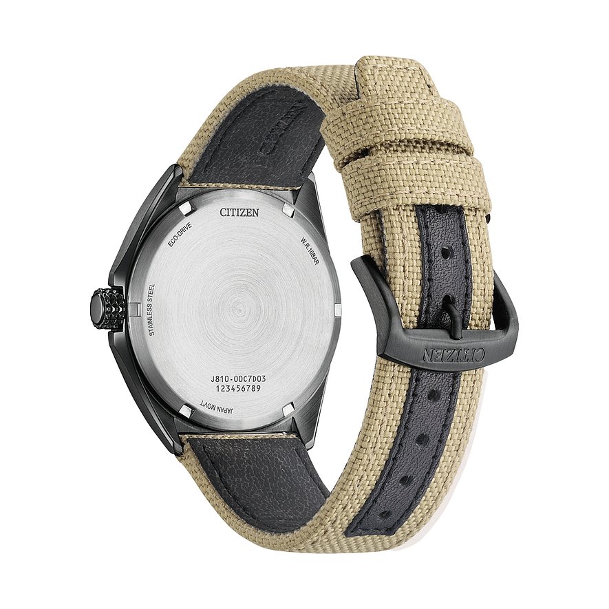 Citizen herenhorloge met roestvrijstalen kast, stoffen band en doornsluiting.