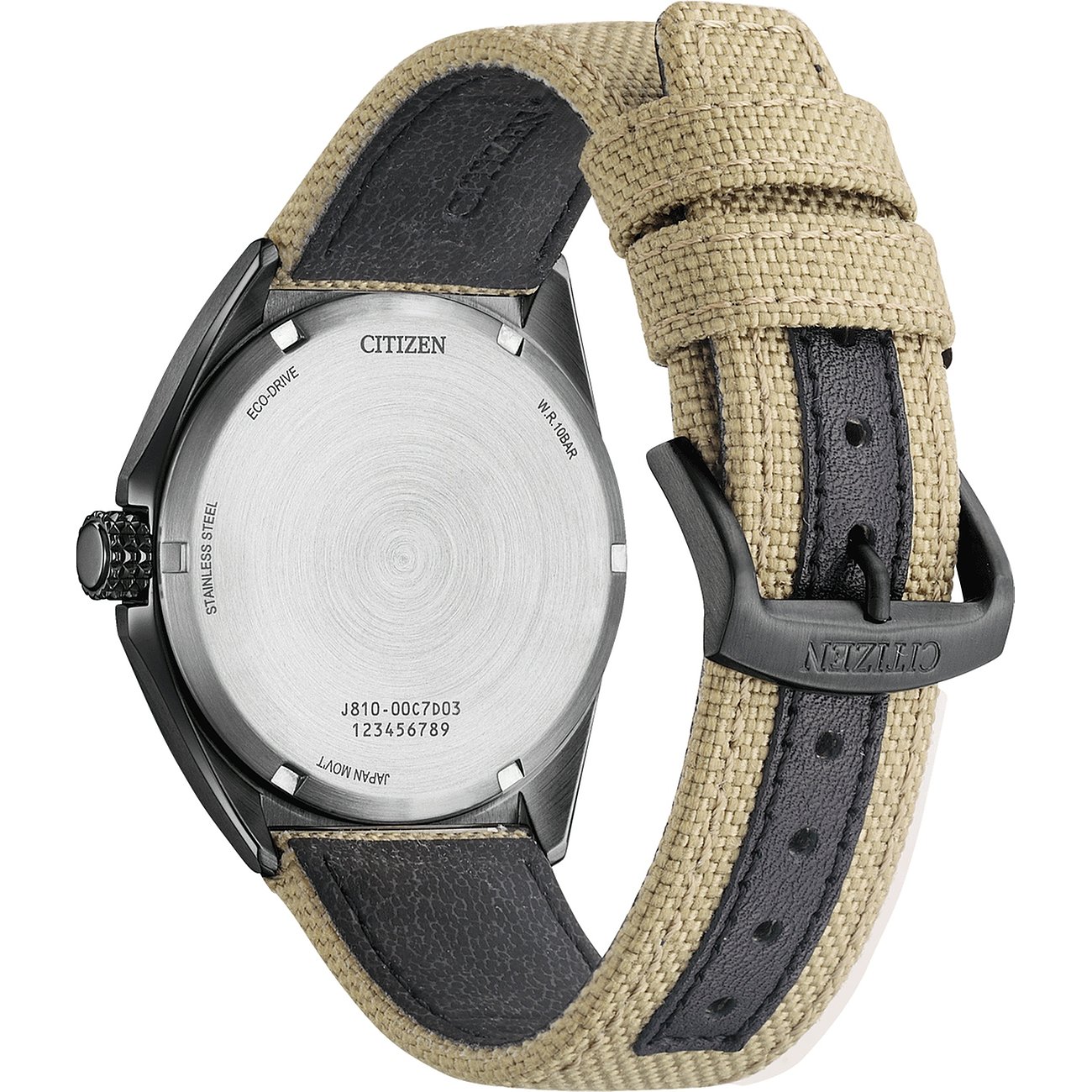 Citizen herenhorloge met roestvrijstalen kast, stoffen band en doornsluiting.