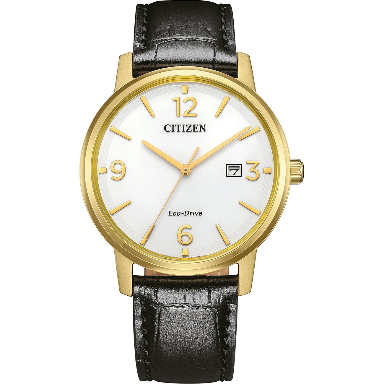 Citizen Herrenuhr mit Edelstahlgehäuse, analog, Datumsanzeige und schwarzem Armband.