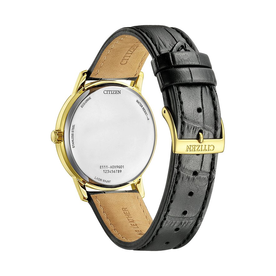 Citizen Herrenuhr mit Edelstahlgehäuse, analog, schwarzes Lederarmband.