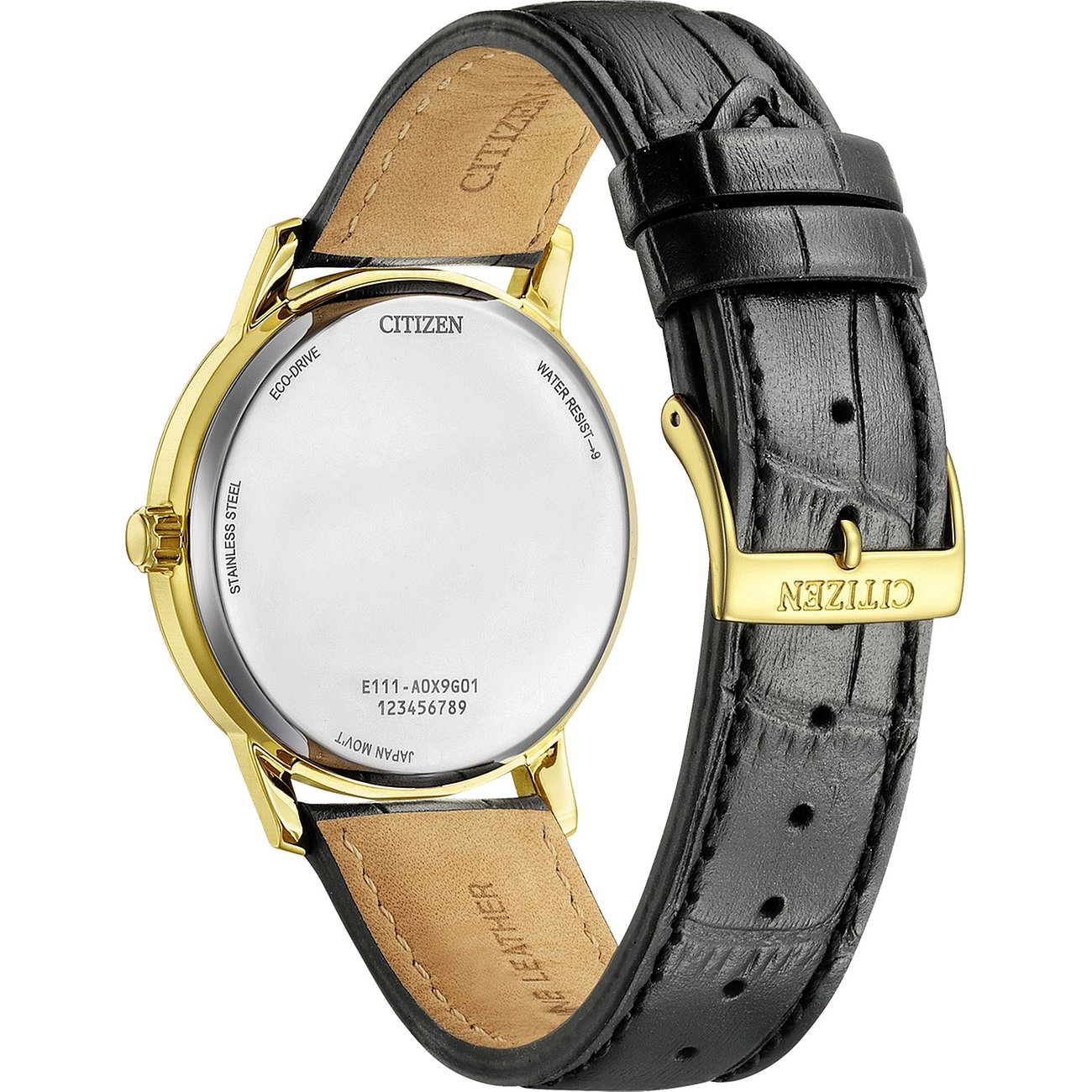 Citizen Herrenuhr mit Edelstahlgehäuse, analog, schwarzes Lederarmband.