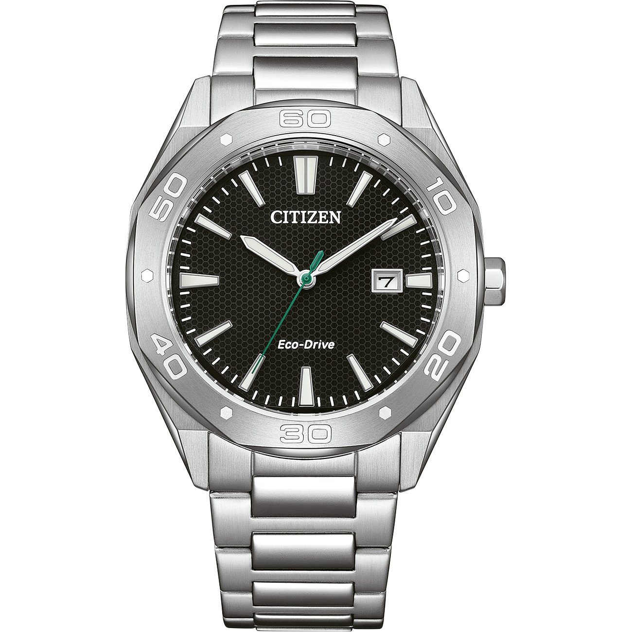 Citizen Herrenuhr mit Edelstahlgehäuse und schwarzem Zifferblatt.