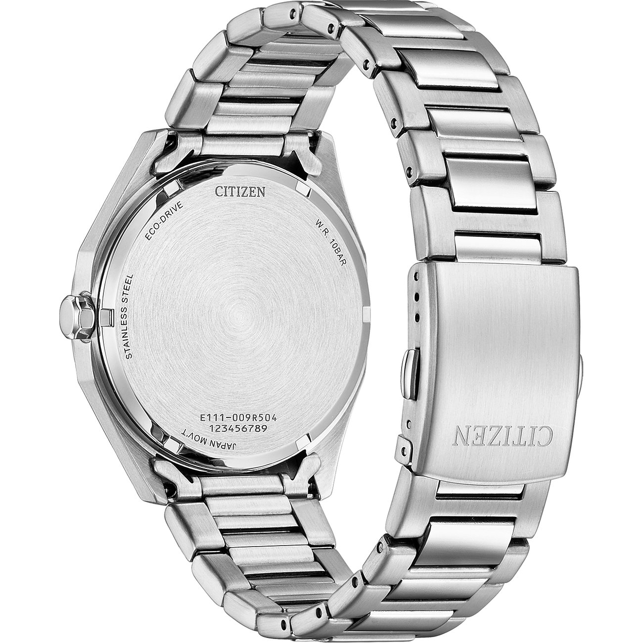 Citizen Herrenuhr aus Edelstahl mit silberfarbenem Gehäuse und Metallarmband.