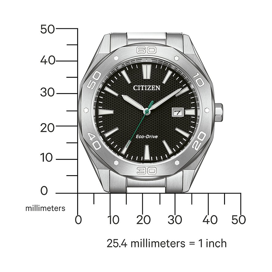 Citizen Herrenuhr mit Edelstahlgehäuse, schwarzem Zifferblatt und Datumsanzeige.