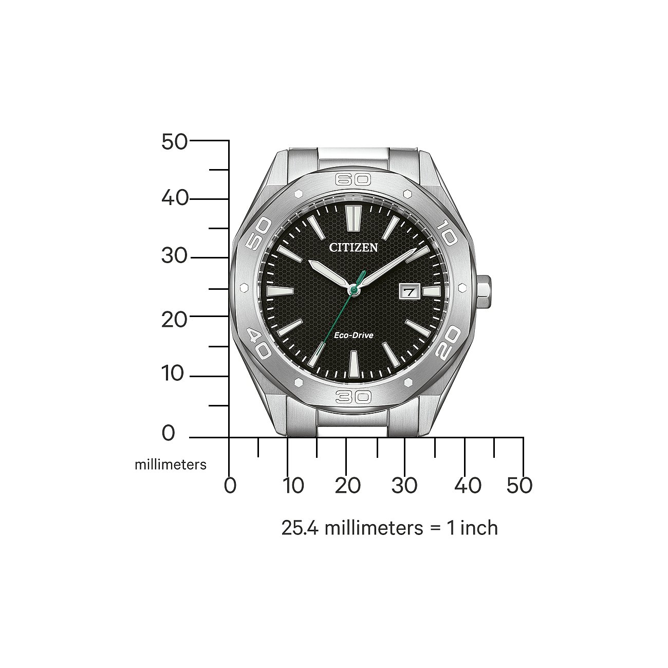 Citizen Herrenuhr mit Edelstahlgehäuse, schwarzem Zifferblatt und Datumsanzeige.
