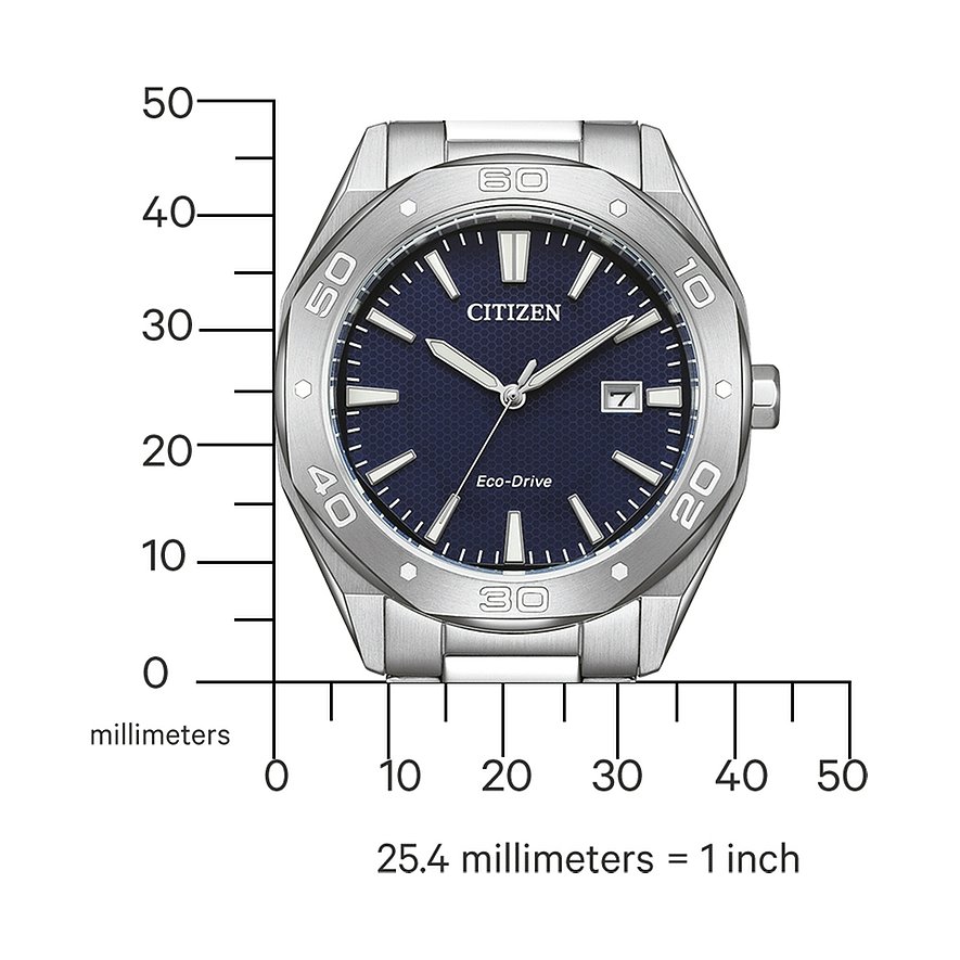 Citizen Herrenuhr mit Edelstahlgehäuse, analoge Anzeige, blaues Zifferblatt.