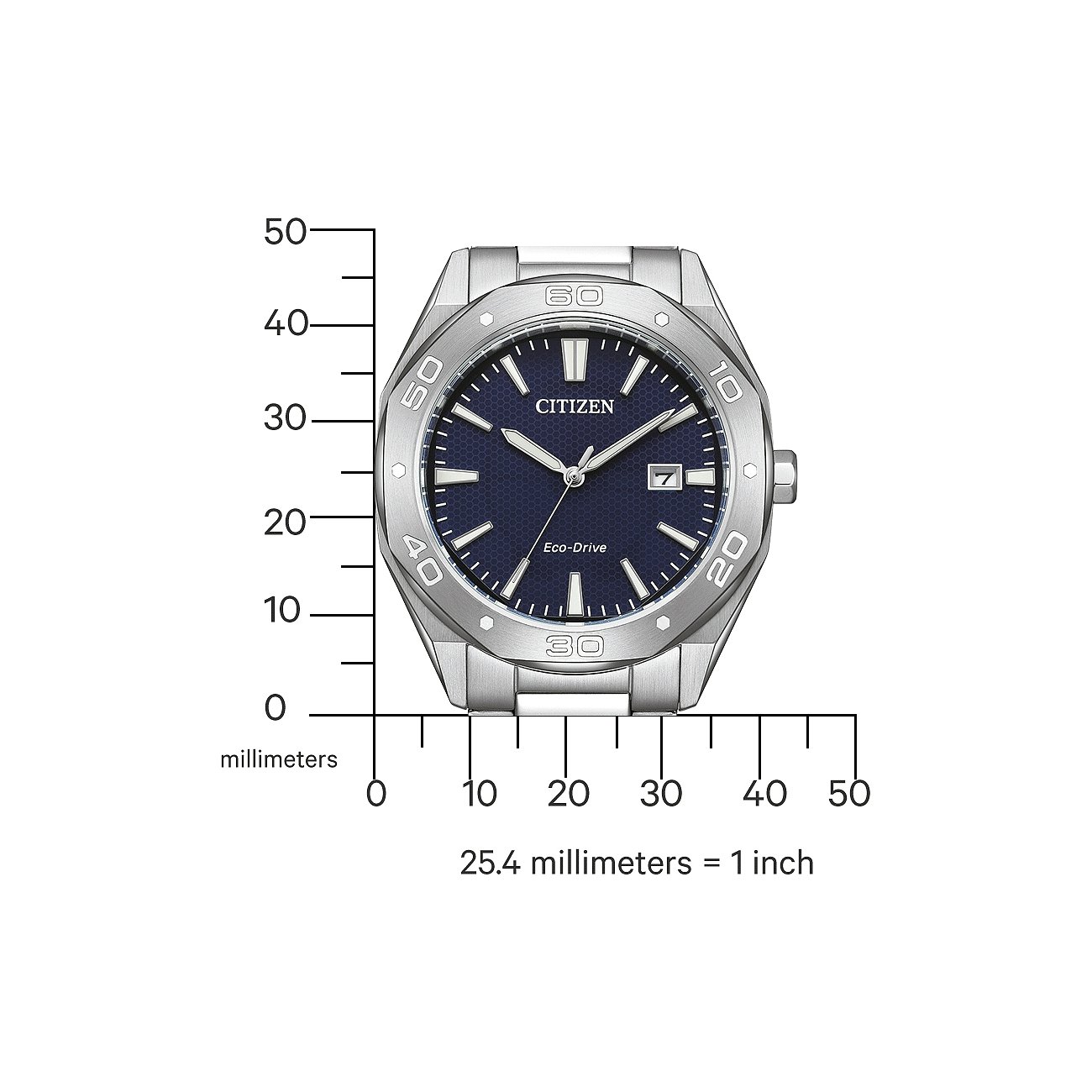 Citizen Herrenuhr mit Edelstahlgehäuse, analoge Anzeige, blaues Zifferblatt.
