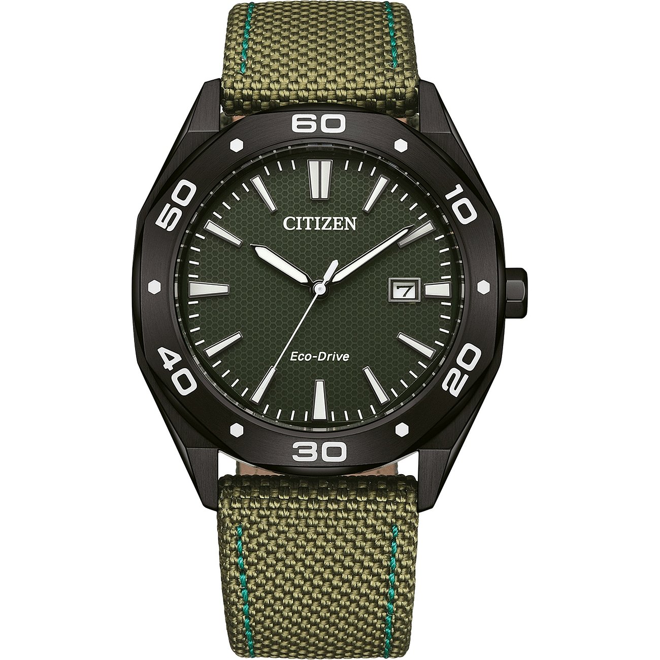 Citizen Herrenuhr mit schwarzem Edelstahlgehäuse, grünem Zifferblatt und Stoffarmband.