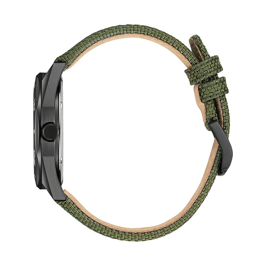 Citizen Herrenuhr mit Edelstahlgehäuse und grünem Textilarmband.